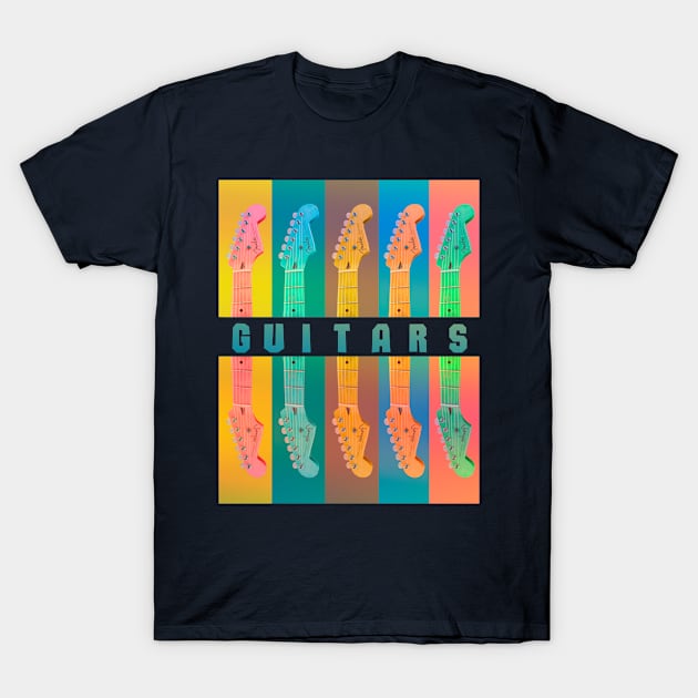 Halves of guitars in retro style. I love Rock/Roll. Guitar neck in a row in pastel colors. T-Shirt by Rebeldía Pura